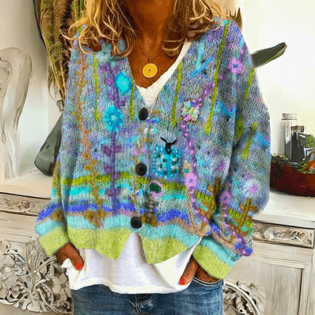 Embroidered Button Front Knit Cardigan