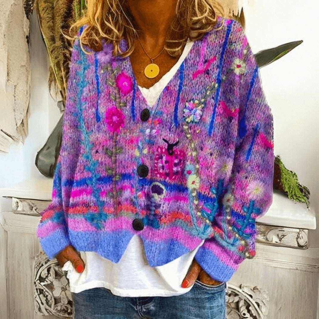 Embroidered Button Front Knit Cardigan