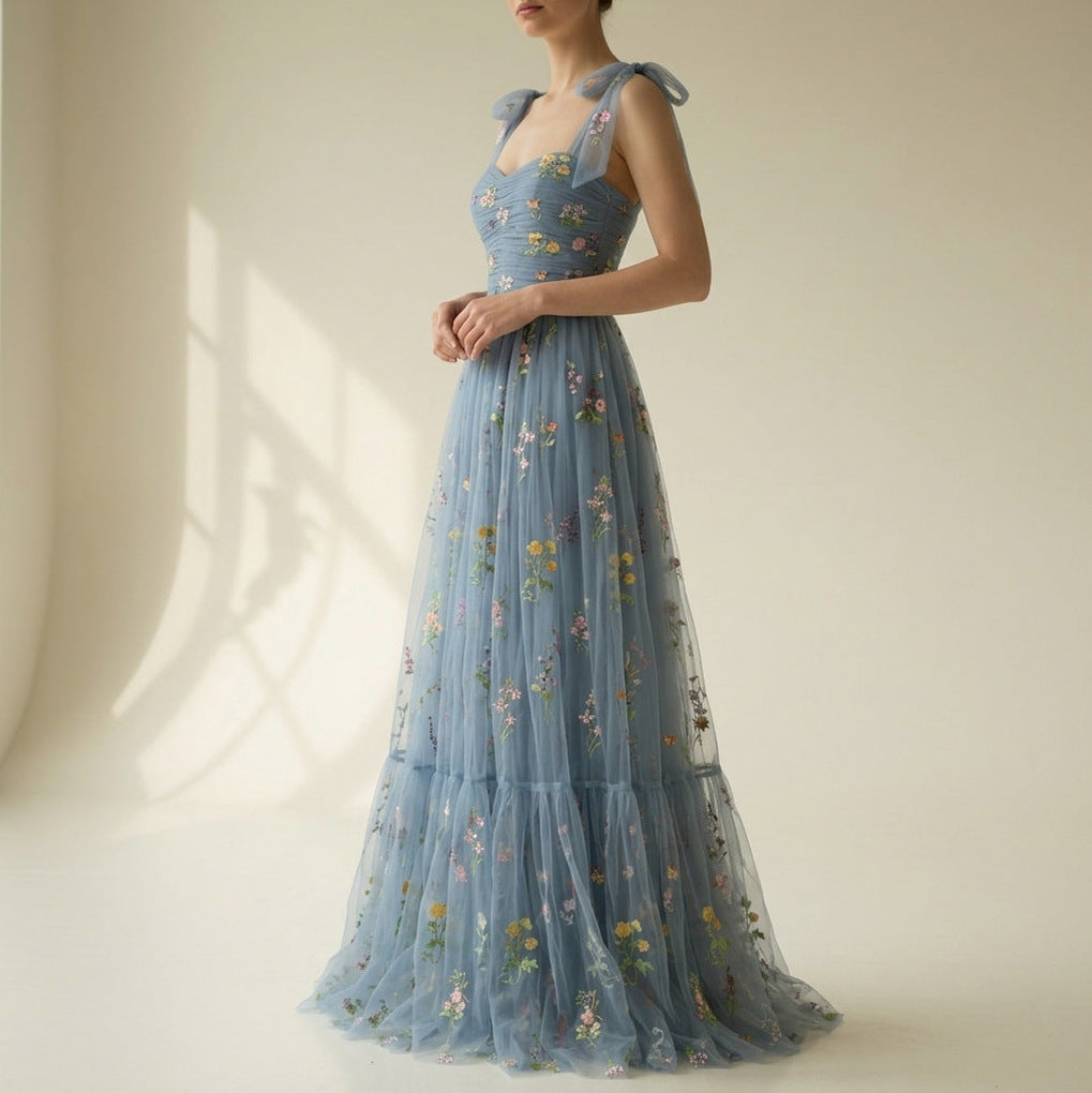 Embroidered Tulle Tiered Maxi Dress