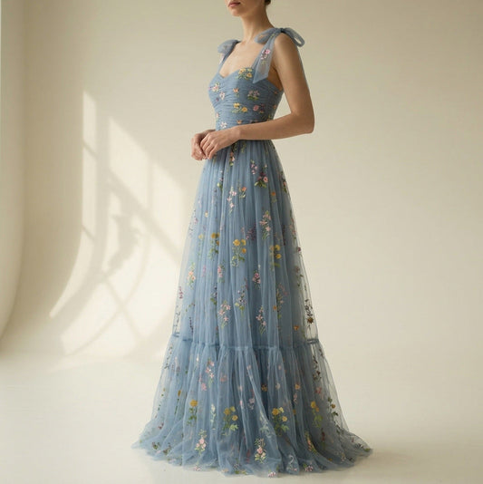 Embroidered Tulle Tiered Maxi Dress