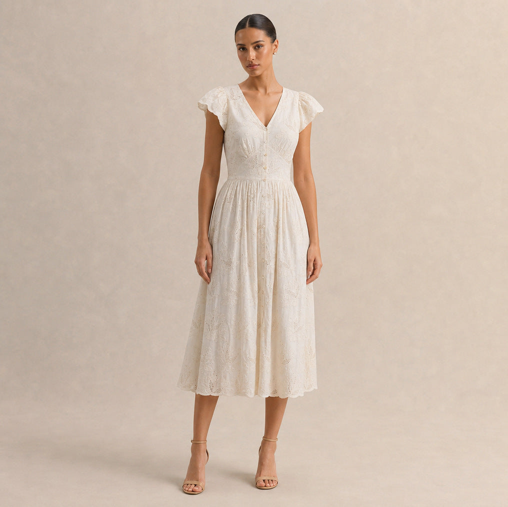 Eyelet Button Front Midi Dress
