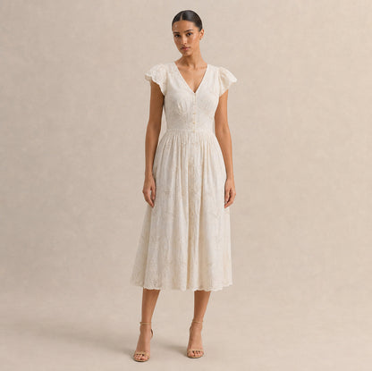 Eyelet Button Front Midi Dress