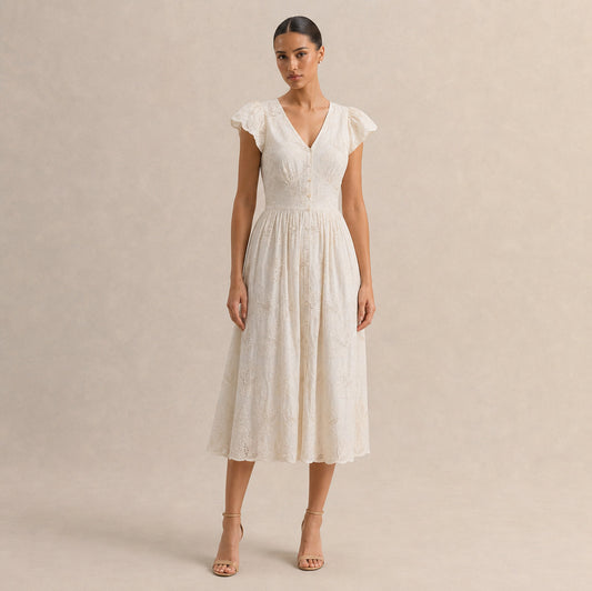Eyelet Button Front Midi Dress