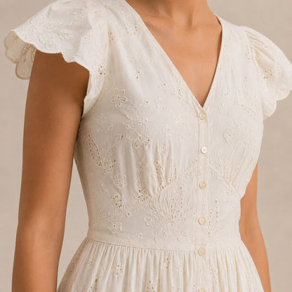 Eyelet Button Front Midi Dress