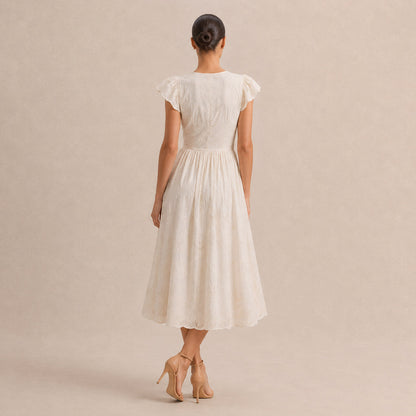 Eyelet Button Front Midi Dress