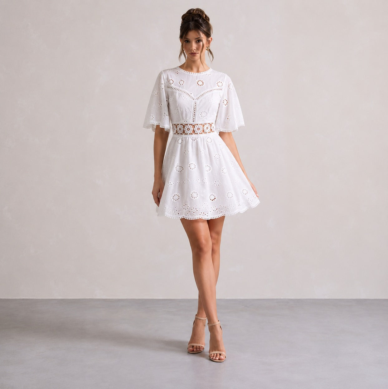Eyelet Cutout A-Line Mini Dress