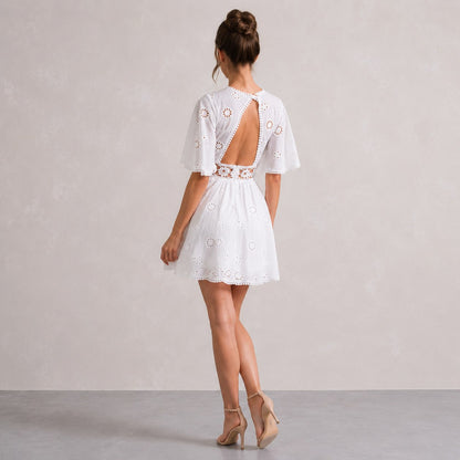 Eyelet Cutout A-Line Mini Dress