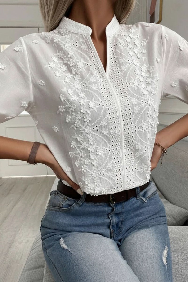Eyelet Puff Sleeve Split Neck Blouse