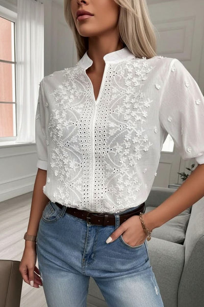 Eyelet Puff Sleeve Split Neck Blouse