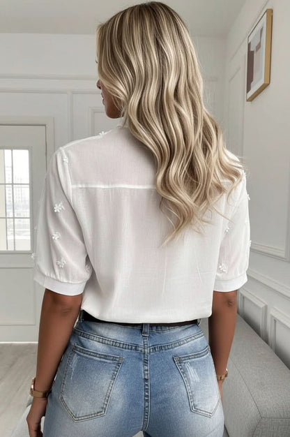 Eyelet Puff Sleeve Split Neck Blouse