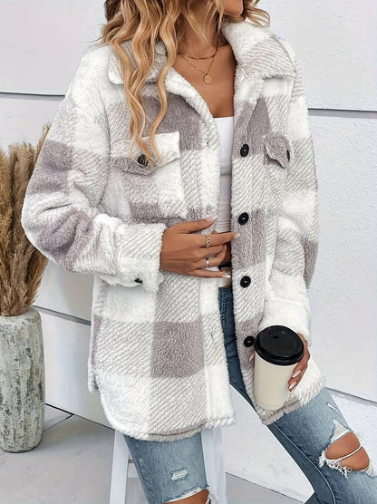 Fleece Plaid Button Front Shirt Jacket