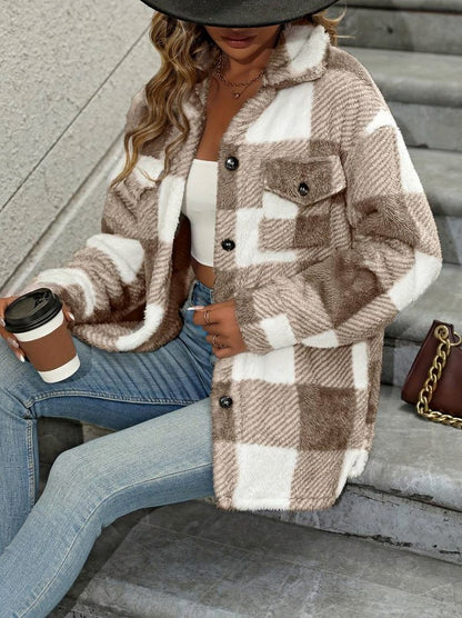 Fleece Plaid Button Front Shirt Jacket