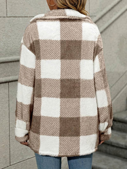 Fleece Plaid Button Front Shirt Jacket