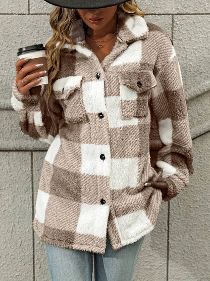 Fleece Plaid Button Front Shirt Jacket