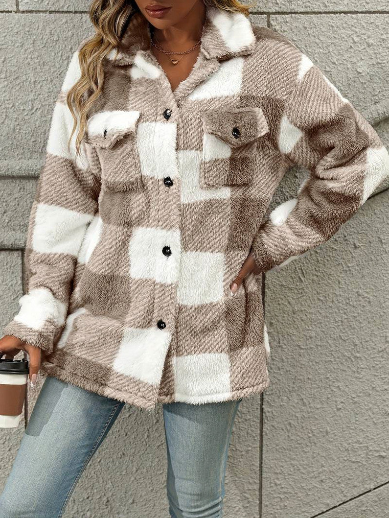 Fleece Plaid Button Front Shirt Jacket