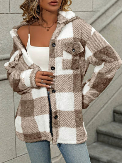 Fleece Plaid Button Front Shirt Jacket