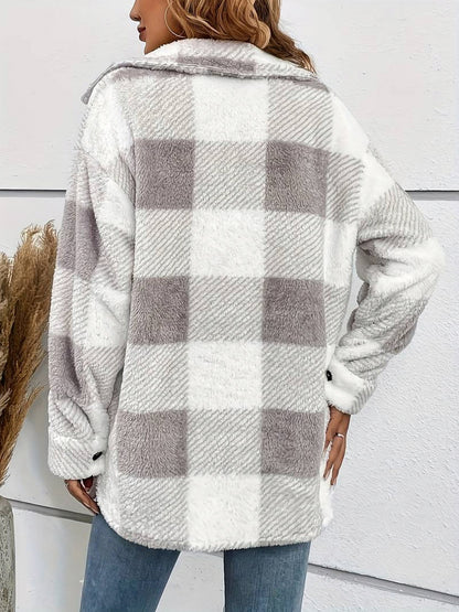 Fleece Plaid Button Front Shirt Jacket