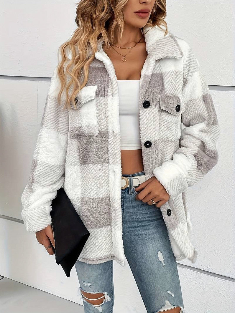 Fleece Plaid Button Front Shirt Jacket