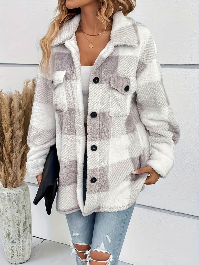 Fleece Plaid Button Front Shirt Jacket
