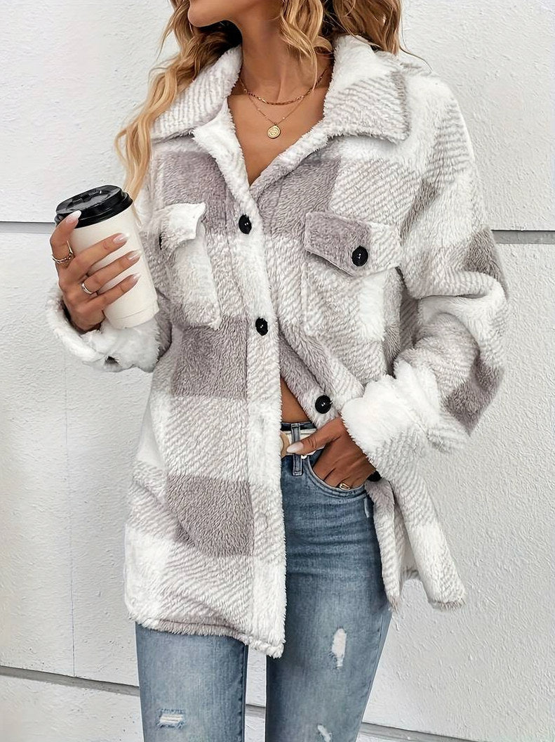 Fleece Plaid Button Front Shirt Jacket