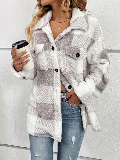 Fleece Plaid Button Front Shirt Jacket
