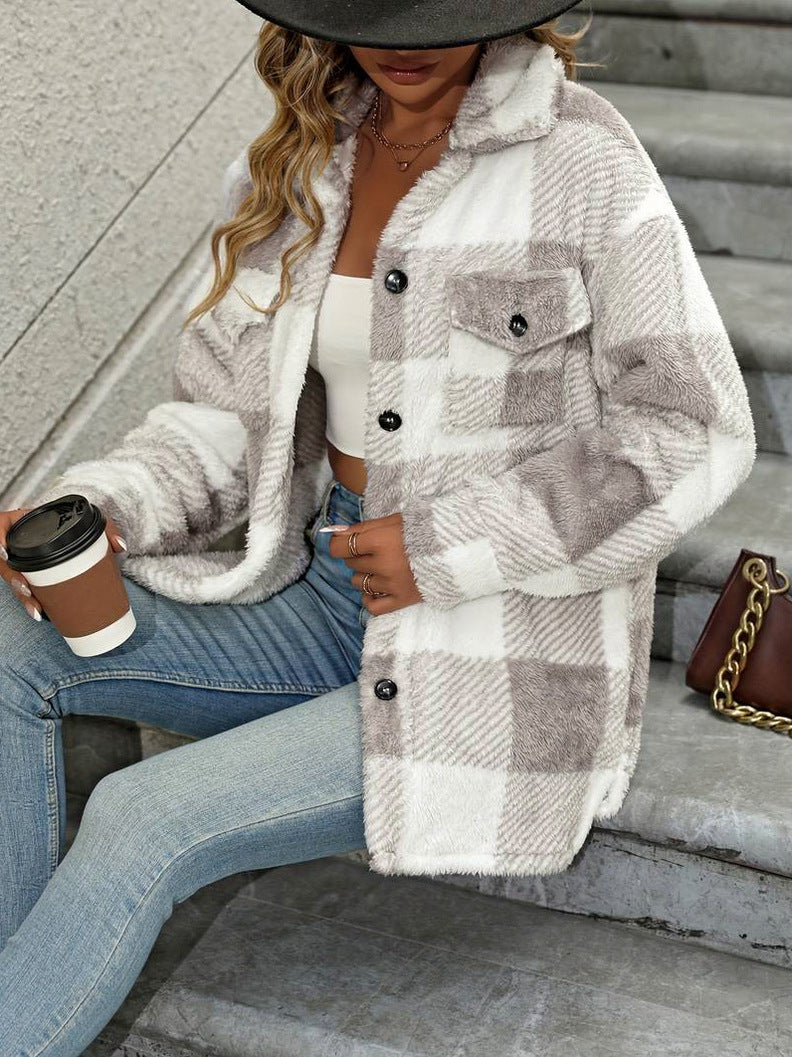 Fleece Plaid Button Front Shirt Jacket
