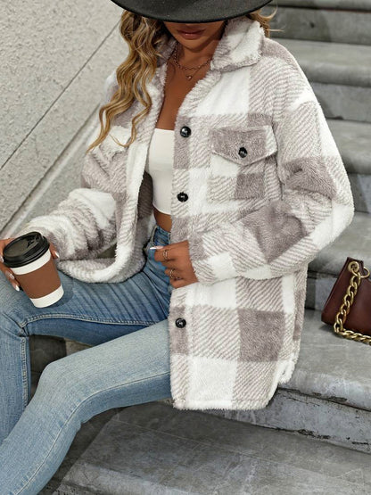 Fleece Plaid Button Front Shirt Jacket