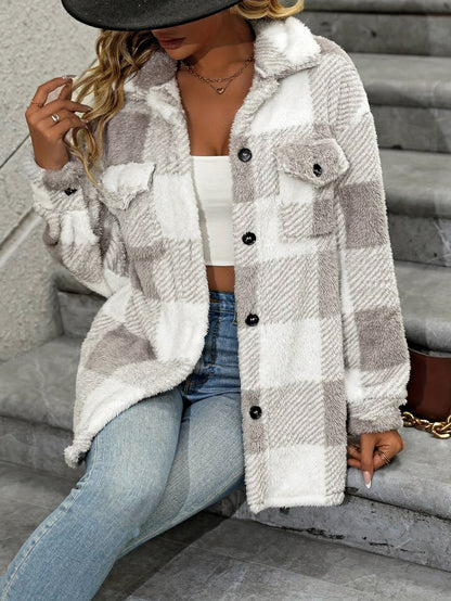 Fleece Plaid Button Front Shirt Jacket