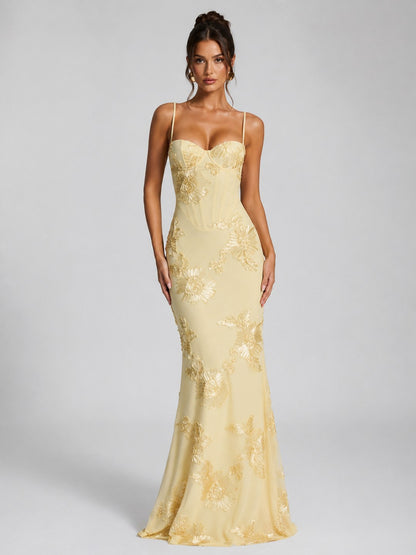Floral Applique Corset Maxi Dress