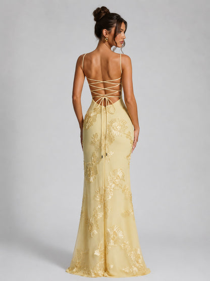 Floral Applique Corset Maxi Dress