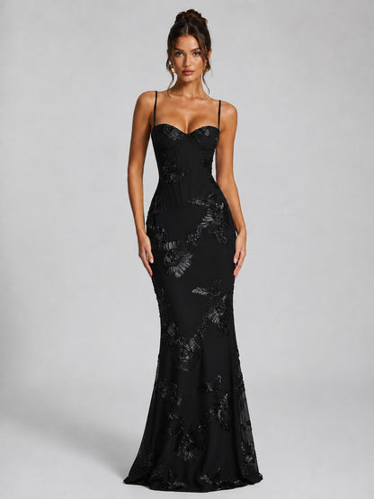 Floral Applique Corset Maxi Dress
