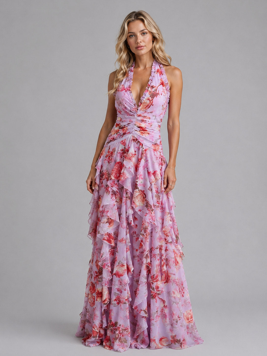 Floral Chiffon Halter Maxi Dress