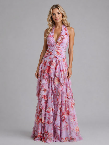 Floral Chiffon Halter Maxi Dress