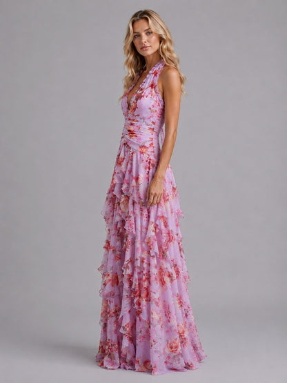 Floral Chiffon Halter Maxi Dress