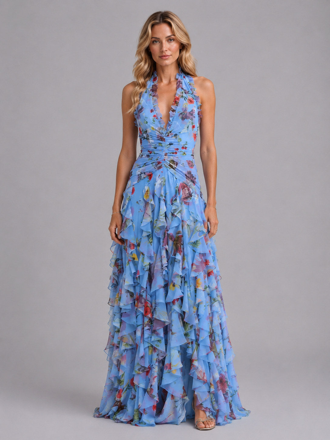 Floral Chiffon Halter Maxi Dress