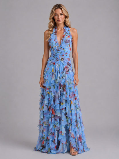 Floral Chiffon Halter Maxi Dress