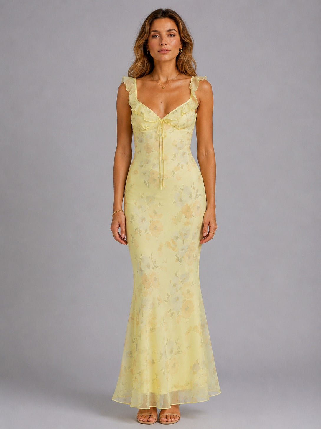 Floral Chiffon Ruffle Maxi Dress