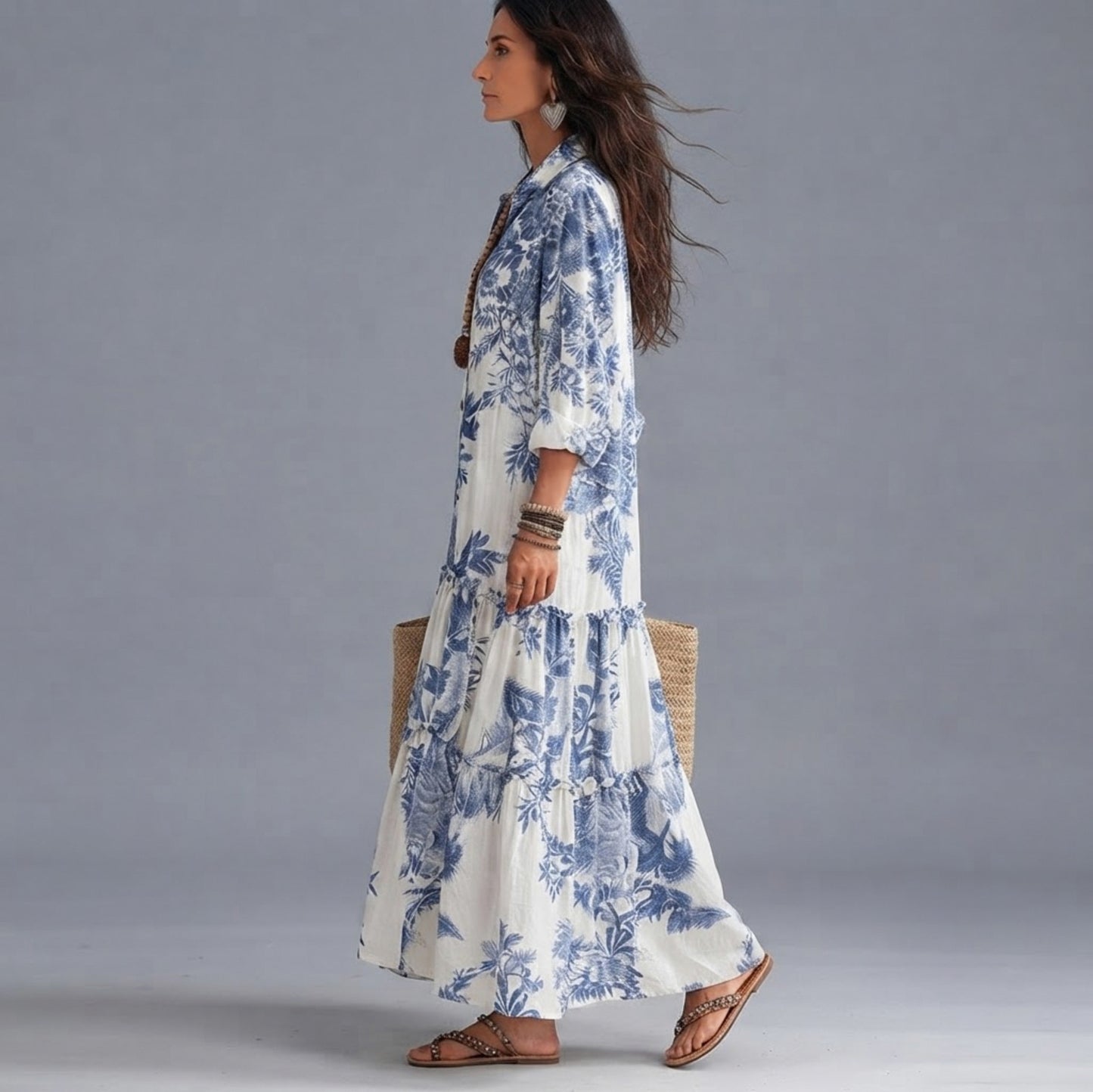 Floral Gauze Tiered Shirt Dress