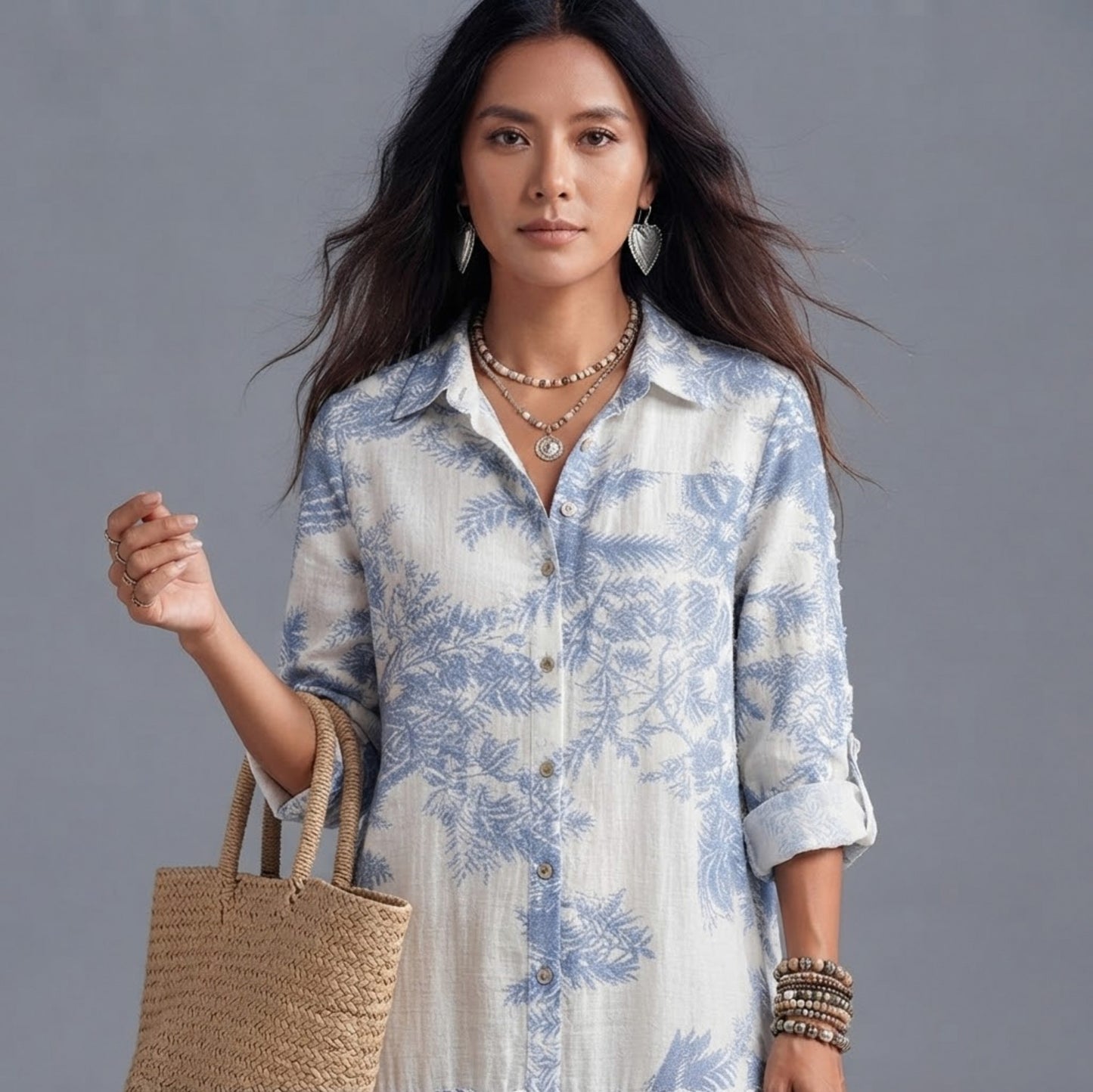 Floral Gauze Tiered Shirt Dress