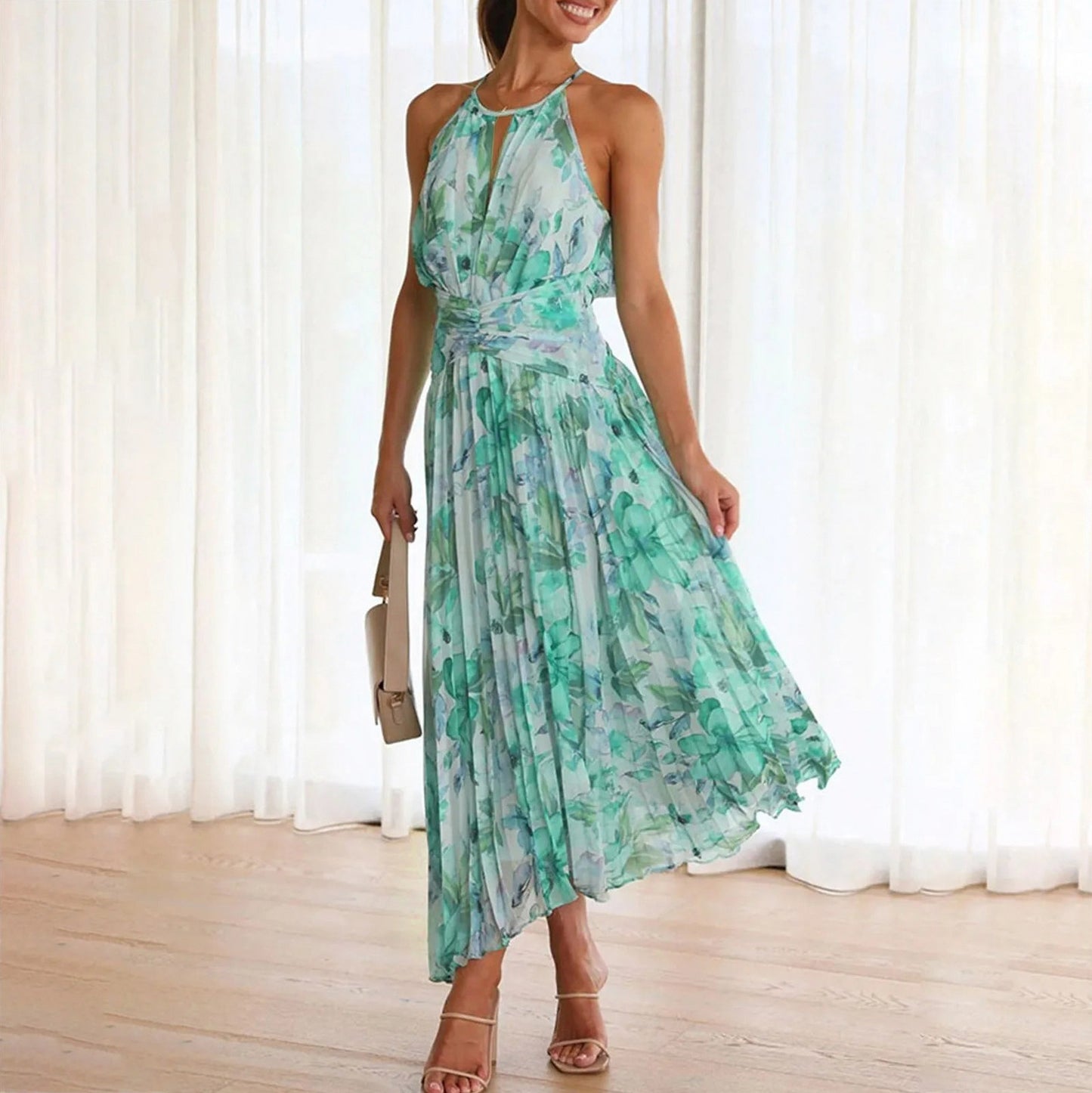 Floral Halter Pleated Midi Dress