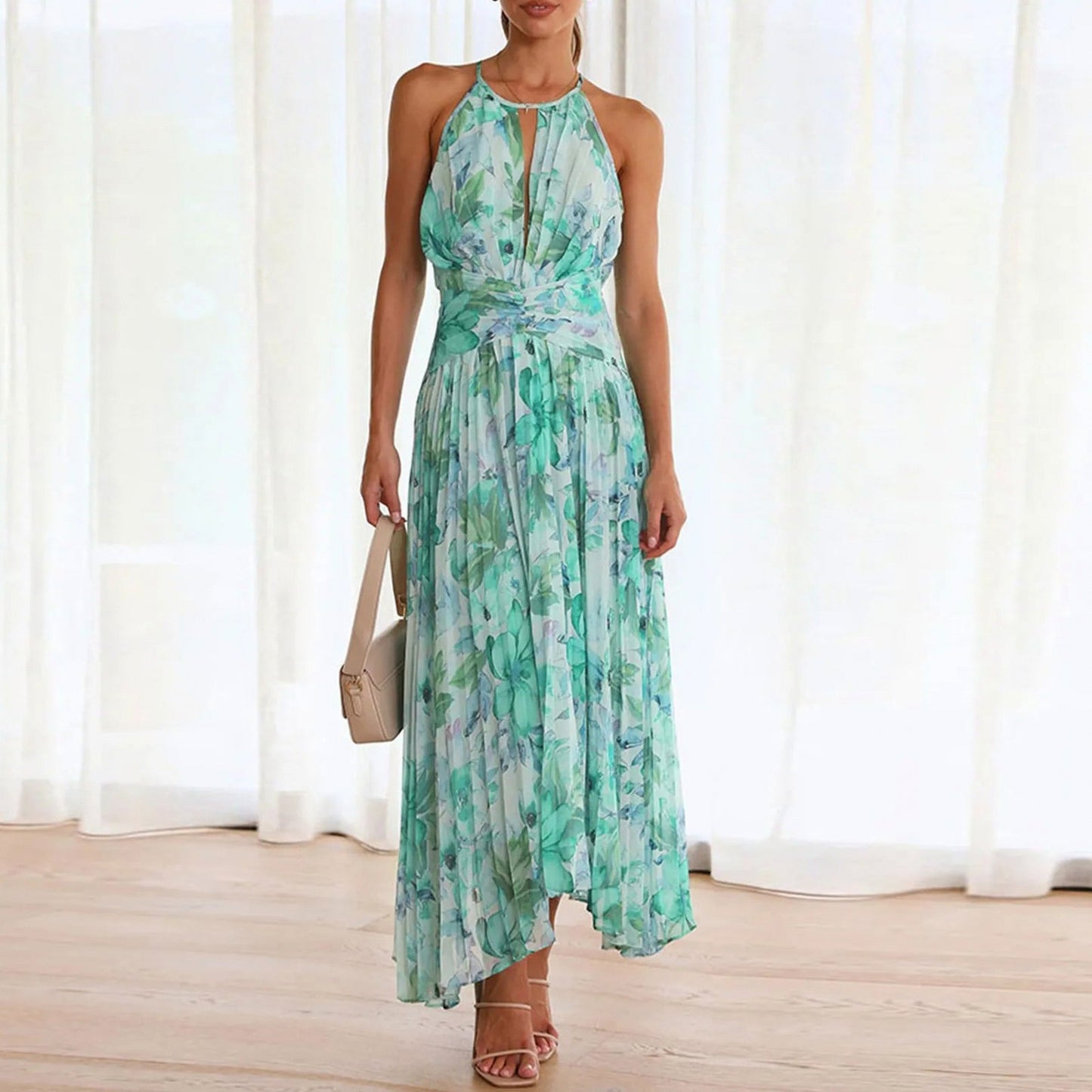 Floral Halter Pleated Midi Dress