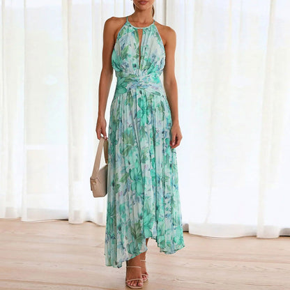 Floral Halter Pleated Midi Dress
