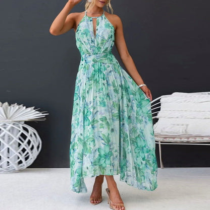 Floral Halter Pleated Midi Dress