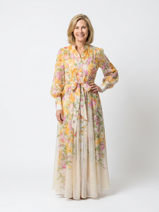 Yellow - A woman wearing a long-sleeve floral maxi shirt dress with a collared neckline and tie waist, standing against a white background.