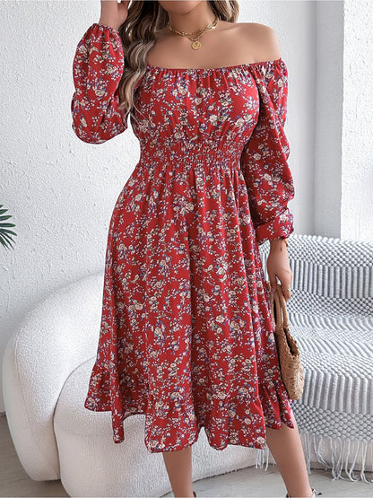 Red - Woman wearing a floral square-neck midi dress with long sleeves, a shirred waist, and a ruffled hem