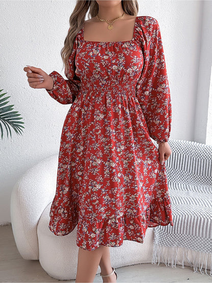 Red - Woman wearing a floral square-neck midi dress with long sleeves, a shirred waist, and a ruffled hem