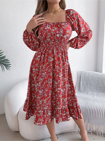 Red - Woman wearing a floral square-neck midi dress with long sleeves, a shirred waist, and a ruffled hem