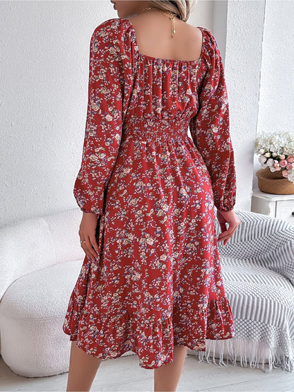 Red - Woman wearing a floral square-neck midi dress with long sleeves, a shirred waist, and a ruffled hem