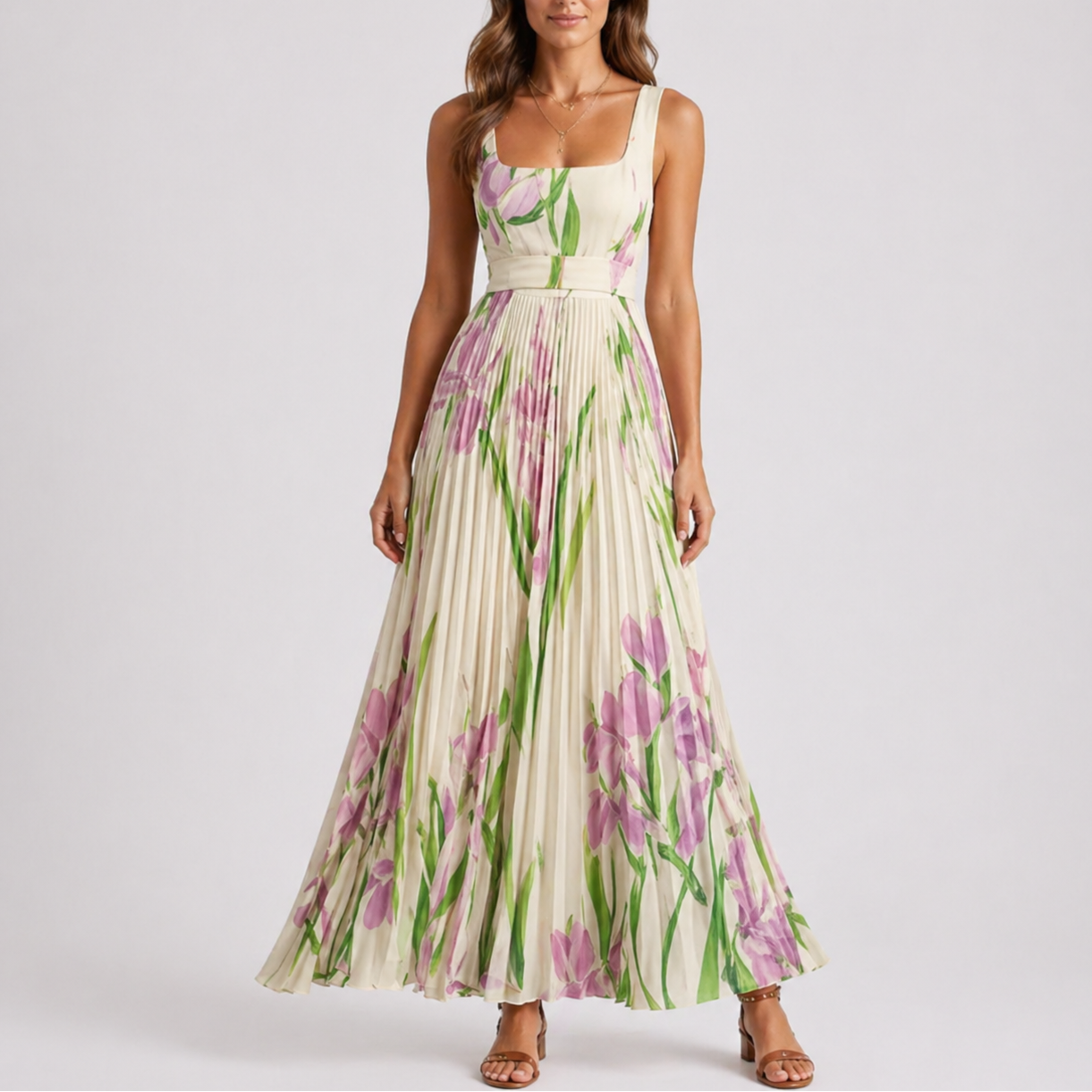 White - A woman wearing a floral pleated maxi dress with a square neckline, wide straps, and a flowing A-line skirt.