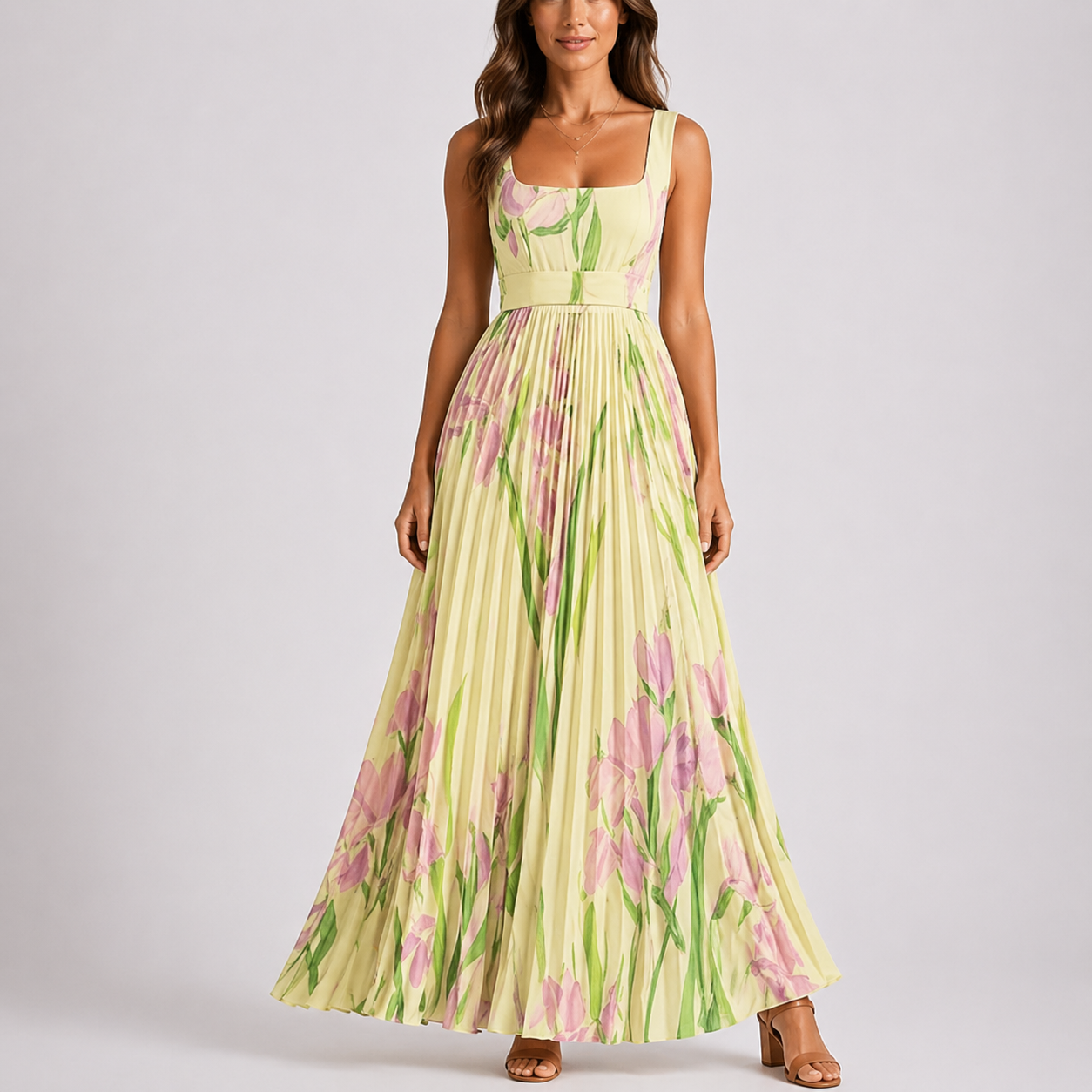 Yellow - A woman wearing a floral pleated maxi dress with a square neckline, wide straps, and a flowing A-line skirt.